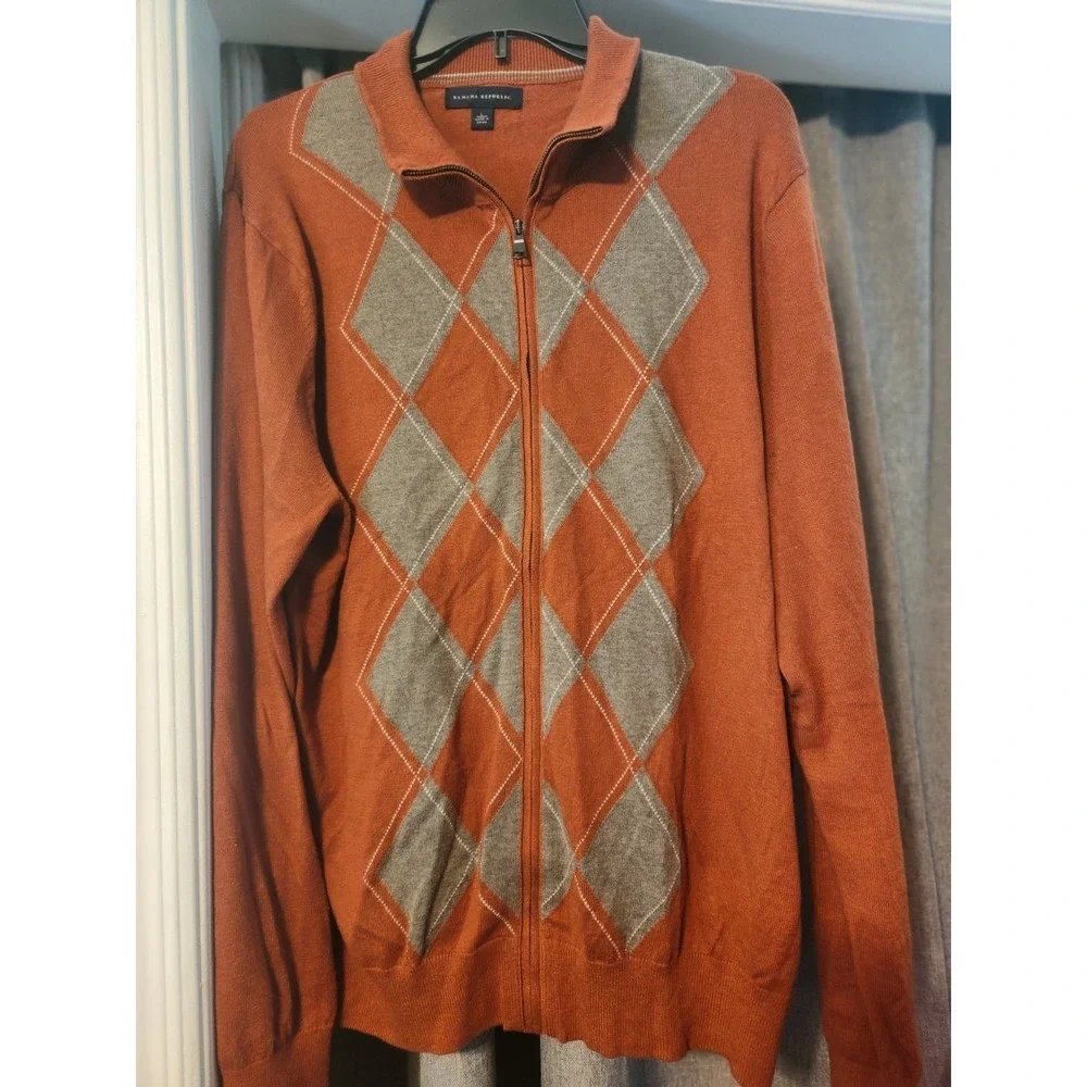 Banana Republic Men Burnt Orange Gray Argyle Zip Up Sweater Sz L Luxury‎ Blend